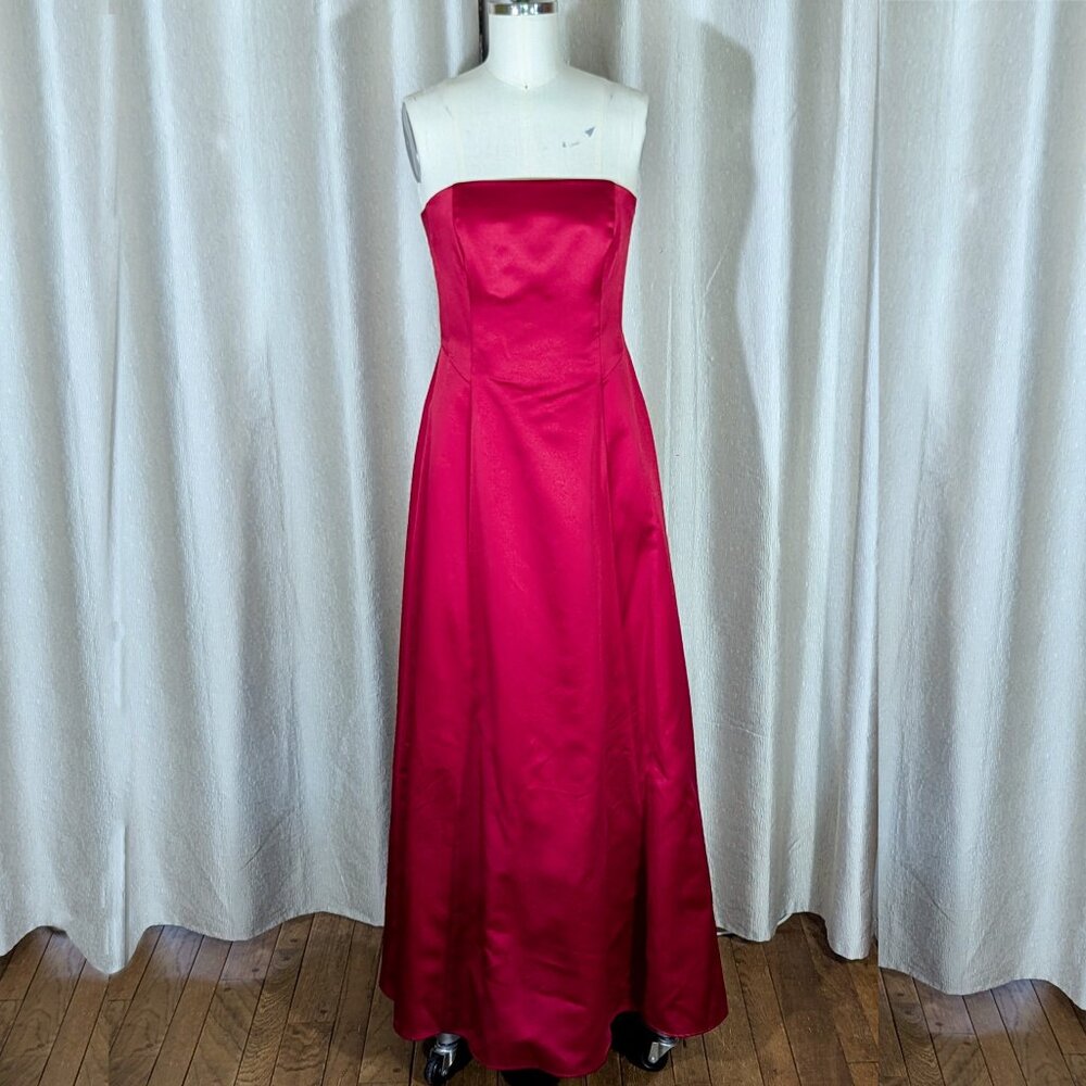 Red Satin Michaelangelo Strapless Evening Gown - Size 10